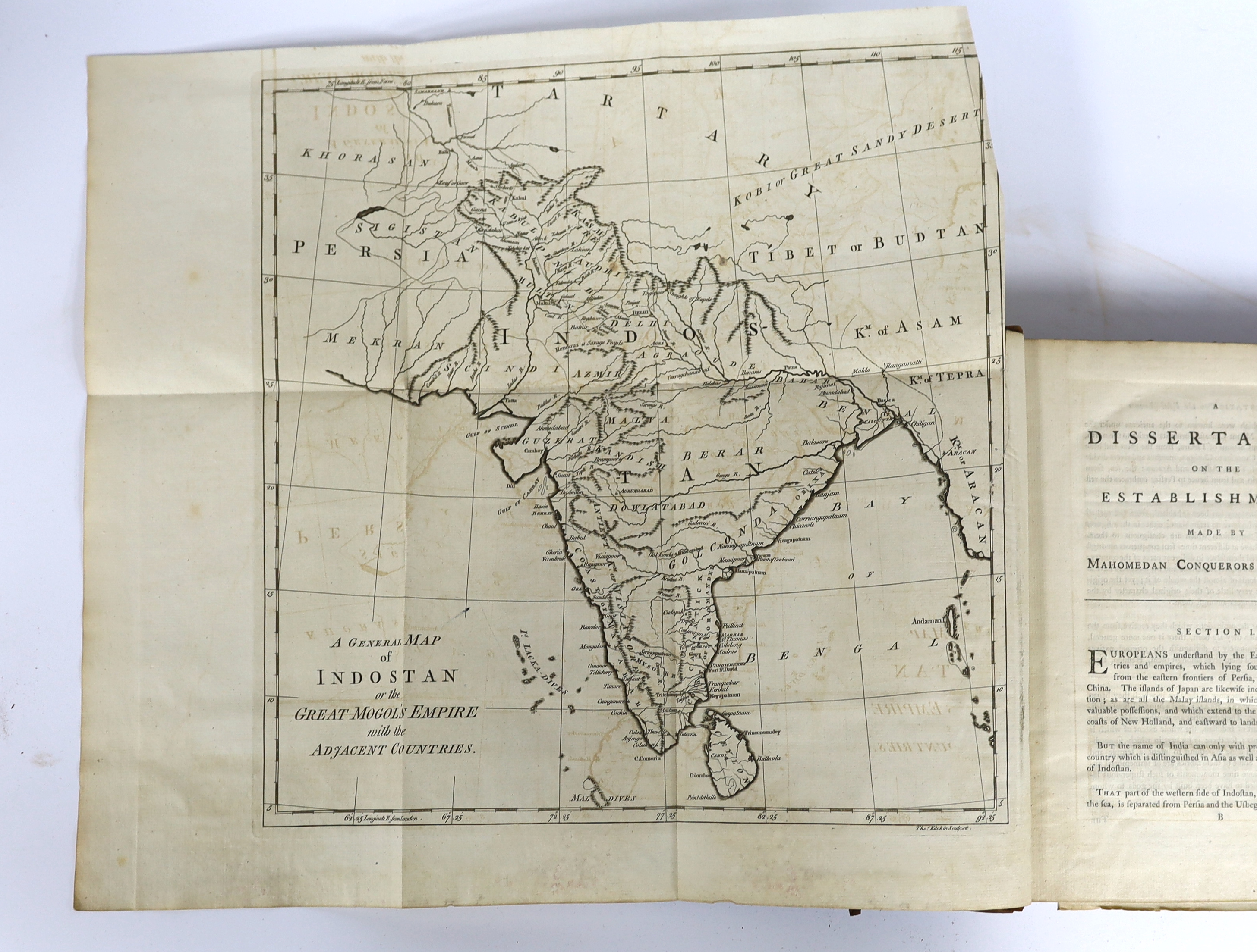 Orme, Robert - A History of the Military Transactions of the British Nation in Indostan, from the year MDCCXLV... 3 vols. (vol. I third, vols. II and III first editions). 34 plates (? ex 36), mostly folded plans; 1780-17